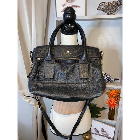 Kate Spade Black Cow Leather Fold Over Black White Striped Lined Satchel Purse￼
